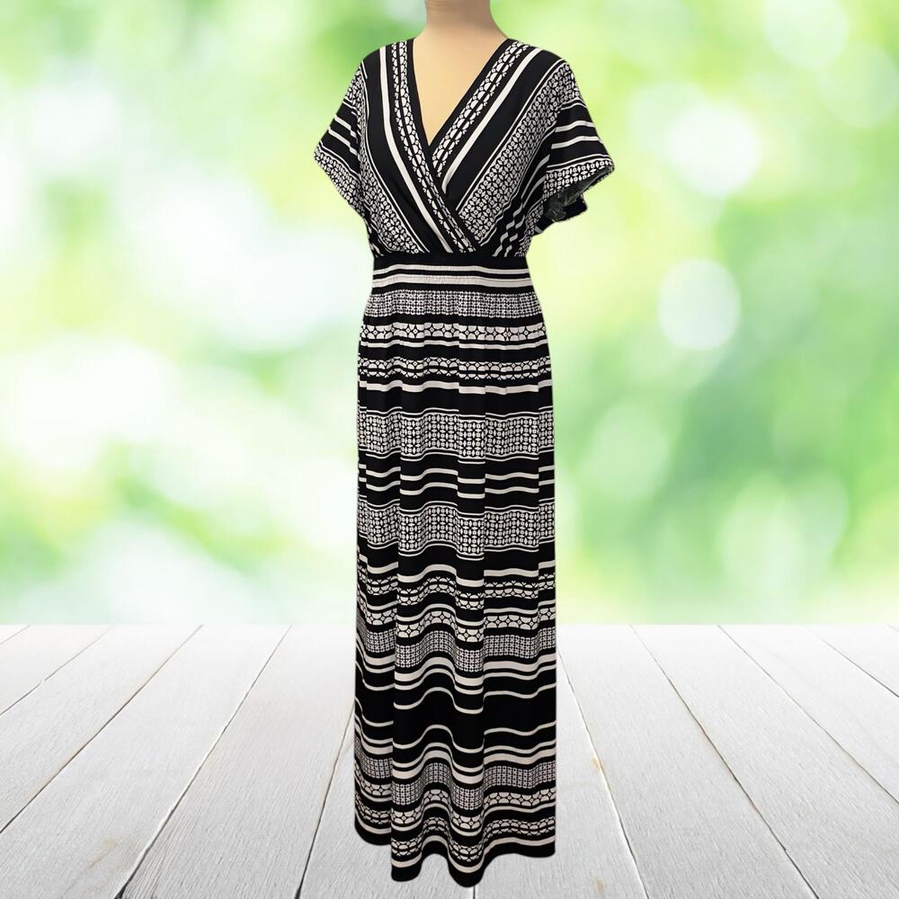 CHICOS Maxi Dress Geo Stripe Surplice Jersey Knit Dolman Black White Size 3 (XL)